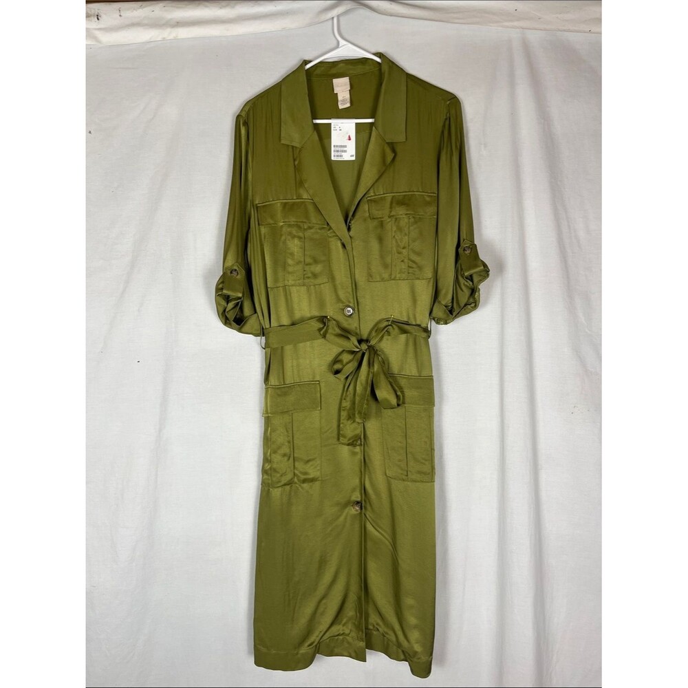 NWT H & M Satin Olive Green Cargo Shirt Dress